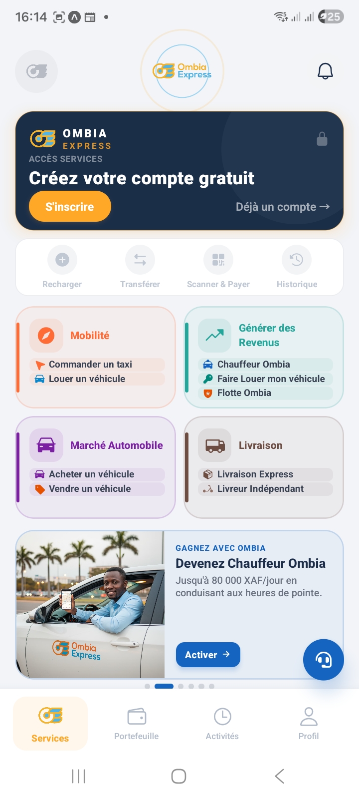 Ombia Express — écran d'accueil
