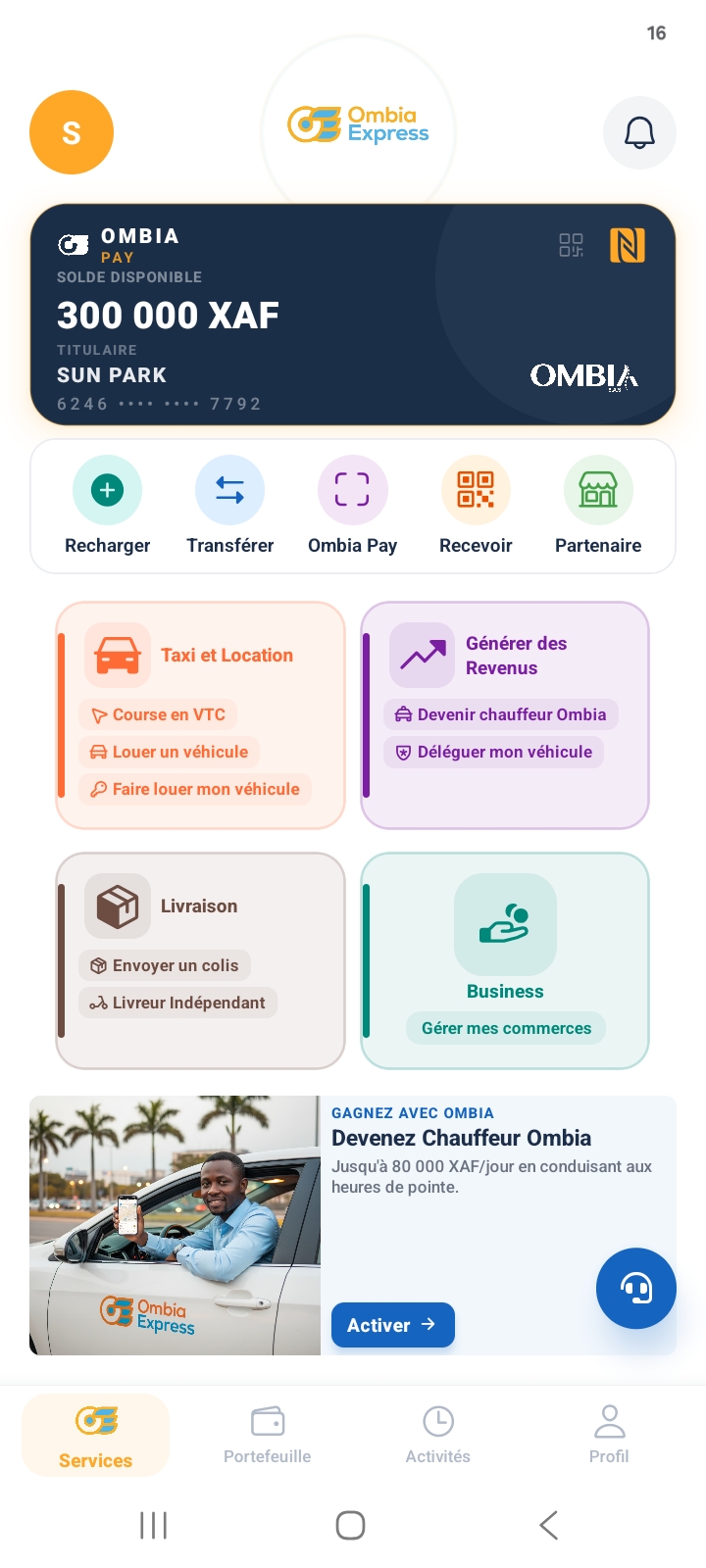 Ombia Express — écran d'accueil